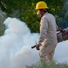 Persona fumigando contra el dengue